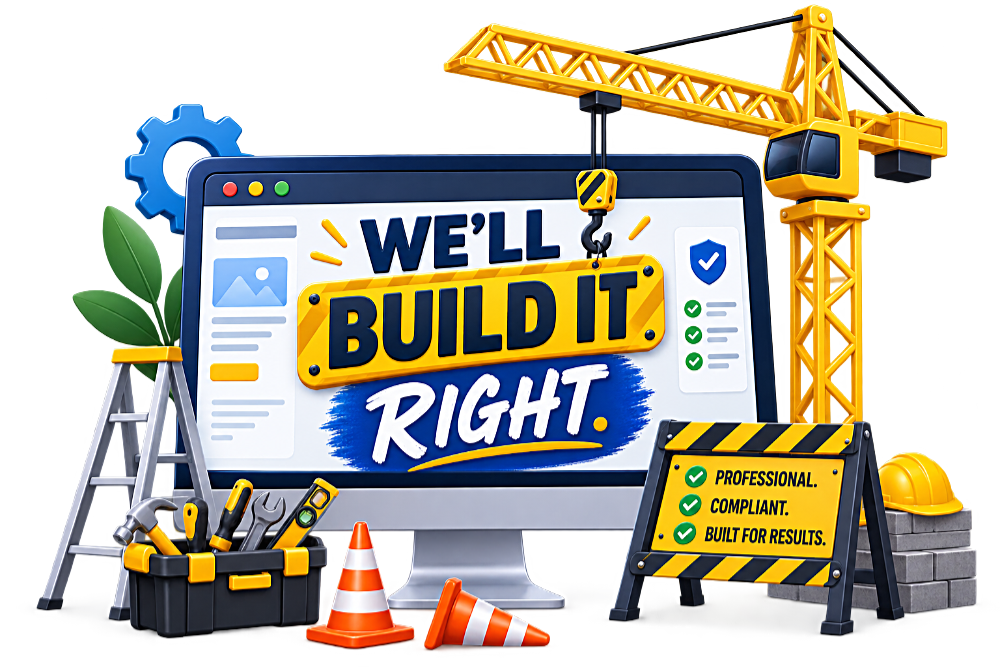 Illustration of a contractor website on a desktop monitor reading We will build it right, surrounded by a tower crane, ladder, toolbox, traffic cones and a site sign reading Professional, Compliant, Built for results.