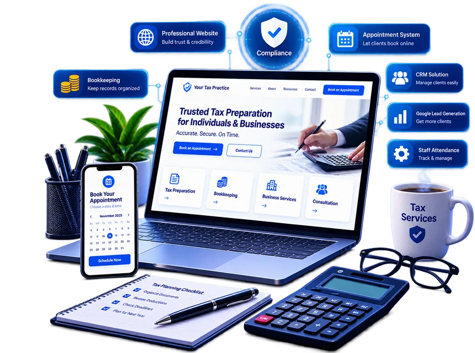 A tax practice website shown on a laptop with an appointment booking screen on a phone, surrounded by labels for professional website, appointment system, CRM solution, Google lead generation, staff attendance, bookkeeping and compliance.